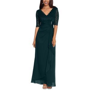 B&A Womens Lace-Top Waterfall-Detail Maxi Dress, Green, NWT